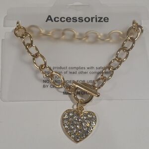 Elegant Gold Tone Sparkling Crystal Heart Pendant 8" Bracelet - Women's Jewelry